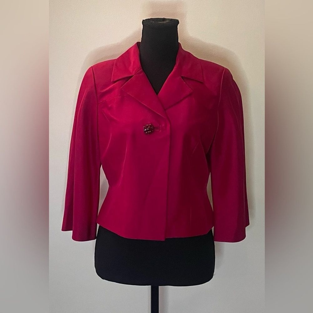 Talbots Petites 100% Silk Berry Pink‎ Cropped Blazer 3/4 Sleeve Beaded Button 8P - Picture 2 of 8